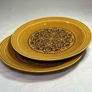 2 pc VTG Sheffield Sierra Ironstone Dinner Plates 10" 1970's Brown Black Scrolls